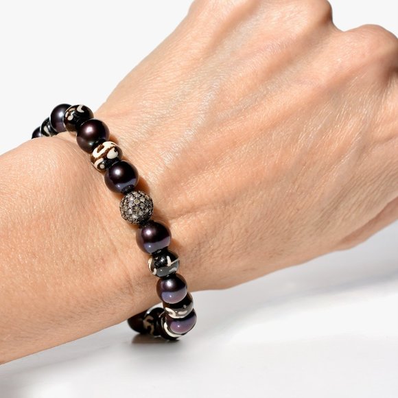 925 Sterling Silver Pave Diamond Black Pearl Stretch Bracelet - Picture 3 of 4